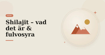 Illustration av bergstoppar och sol – guide om shilajit, fulvosyra och hur du känner igen kvalitet.