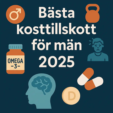 Bästa kosttillskott för män, och sen diverse figurer som kettlebell, kosttilskott, vitamin d, omega3, hjärna och man som är nere och behöver energi