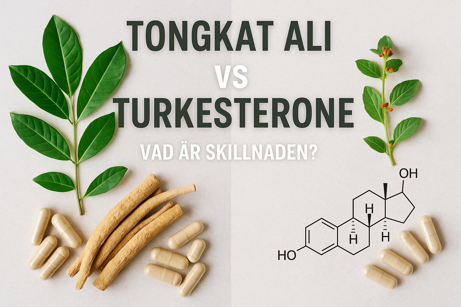 Visuell jämförelse av Tongkat Ali och Turkesterone – vänster sida visar Tongkat Ali-växt, rötter och kapslar, höger sida visar Turkesterone med växt, kapslar och kemisk struktur.
