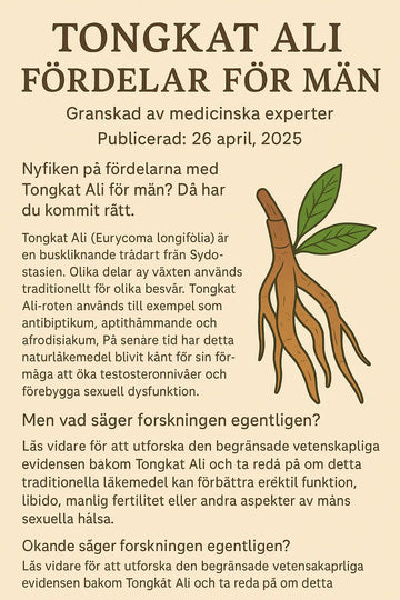 Dokument om tongkat ali fördelar för män. Där man ser en tongkat ali rot och sen diverse text om dess fördelar